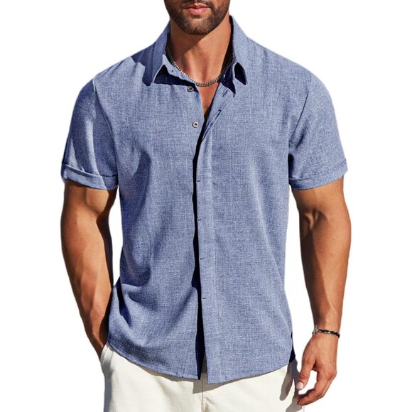 Men's  A-denim Blue Linen Short Sleeve Button Down Casual Shirt Business Dress - Picture 1 of 6